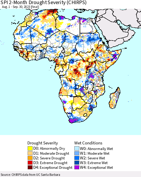 Africa SPI 2-Month Drought Severity (CHIRPS) Thematic Map For 8/1/2023 - 9/30/2023