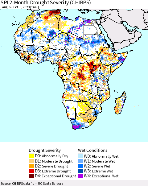 Africa SPI 2-Month Drought Severity (CHIRPS) Thematic Map For 8/6/2023 - 10/5/2023