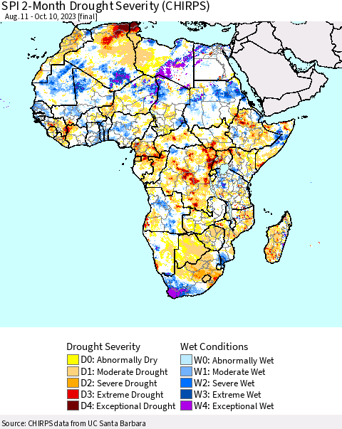 Africa SPI 2-Month Drought Severity (CHIRPS) Thematic Map For 8/11/2023 - 10/10/2023