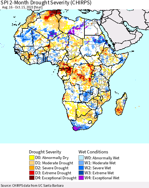 Africa SPI 2-Month Drought Severity (CHIRPS) Thematic Map For 8/16/2023 - 10/15/2023