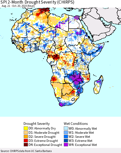 Africa SPI 2-Month Drought Severity (CHIRPS) Thematic Map For 8/21/2023 - 10/20/2023