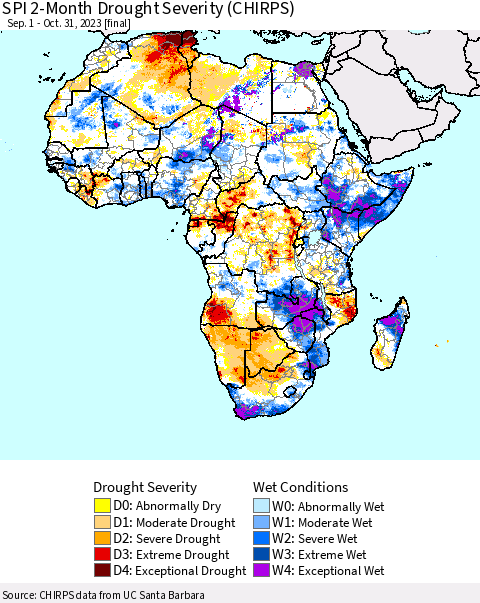 Africa SPI 2-Month Drought Severity (CHIRPS) Thematic Map For 9/1/2023 - 10/31/2023