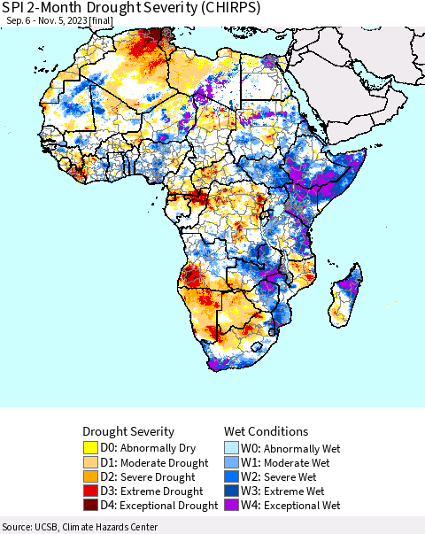 Africa SPI 2-Month Drought Severity (CHIRPS) Thematic Map For 9/6/2023 - 11/5/2023
