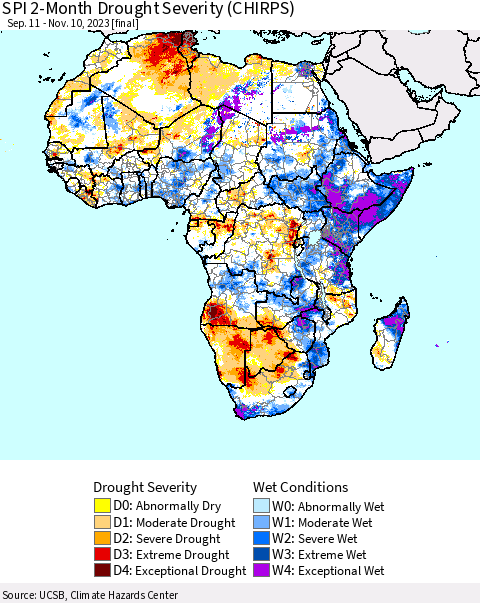 Africa SPI 2-Month Drought Severity (CHIRPS) Thematic Map For 9/11/2023 - 11/10/2023