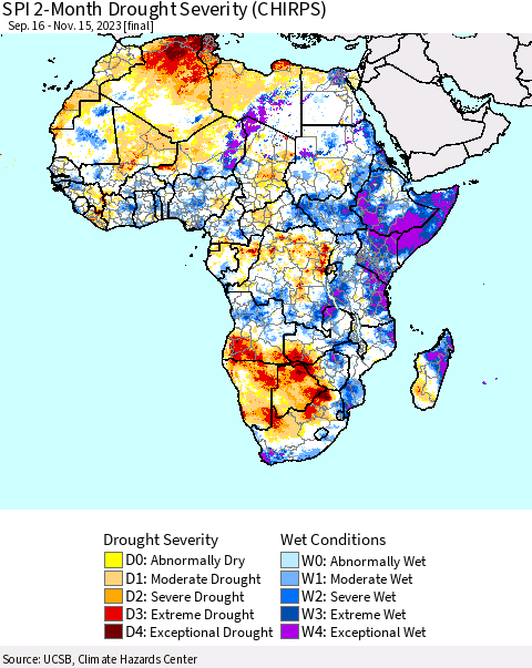 Africa SPI 2-Month Drought Severity (CHIRPS) Thematic Map For 9/16/2023 - 11/15/2023