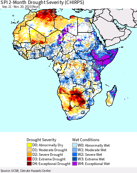 Africa SPI 2-Month Drought Severity (CHIRPS) Thematic Map For 9/21/2023 - 11/20/2023