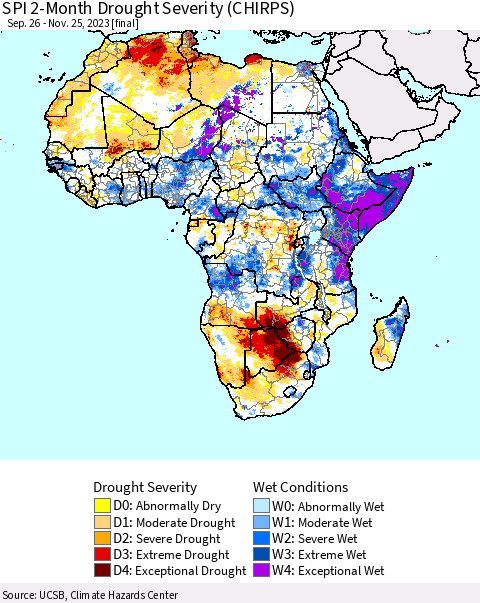Africa SPI 2-Month Drought Severity (CHIRPS) Thematic Map For 9/26/2023 - 11/25/2023