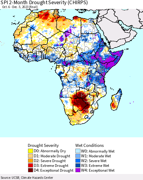 Africa SPI 2-Month Drought Severity (CHIRPS) Thematic Map For 10/6/2023 - 12/5/2023