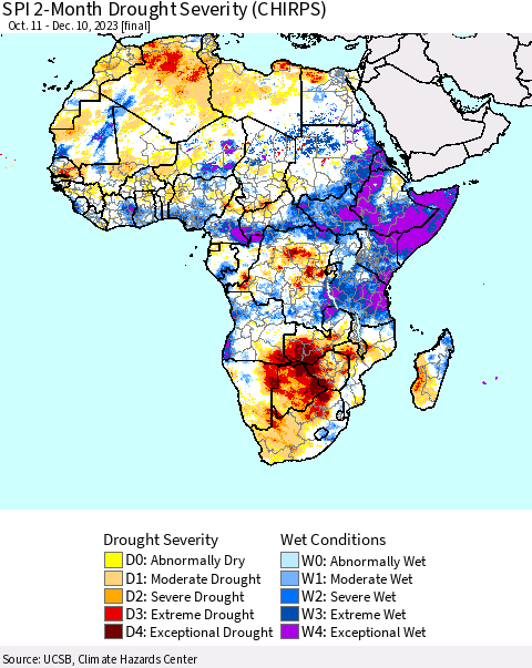 Africa SPI 2-Month Drought Severity (CHIRPS) Thematic Map For 10/11/2023 - 12/10/2023