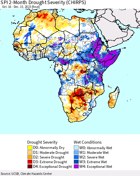 Africa SPI 2-Month Drought Severity (CHIRPS) Thematic Map For 10/16/2023 - 12/15/2023