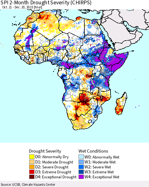 Africa SPI 2-Month Drought Severity (CHIRPS) Thematic Map For 10/21/2023 - 12/20/2023