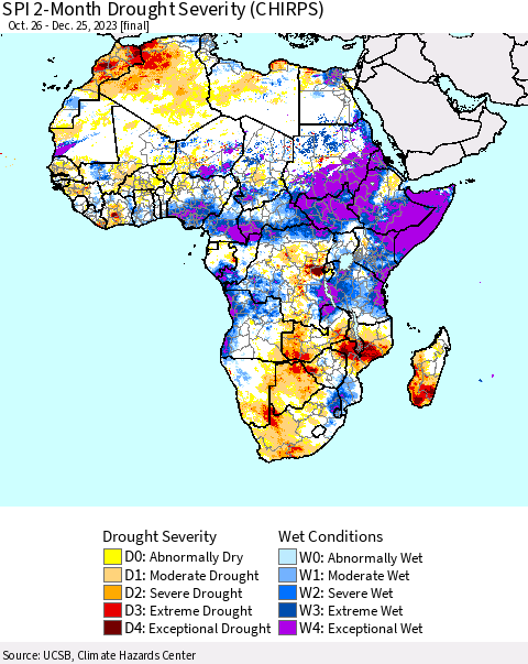 Africa SPI 2-Month Drought Severity (CHIRPS) Thematic Map For 10/26/2023 - 12/25/2023