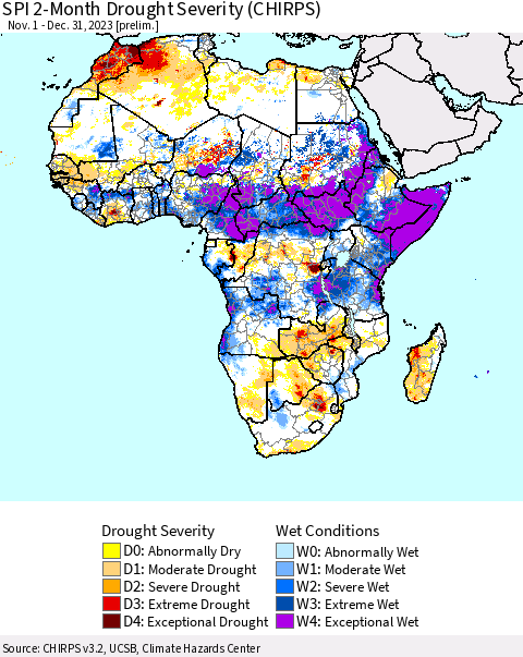 Africa SPI 2-Month Drought Severity (CHIRPS) Thematic Map For 11/1/2023 - 12/31/2023