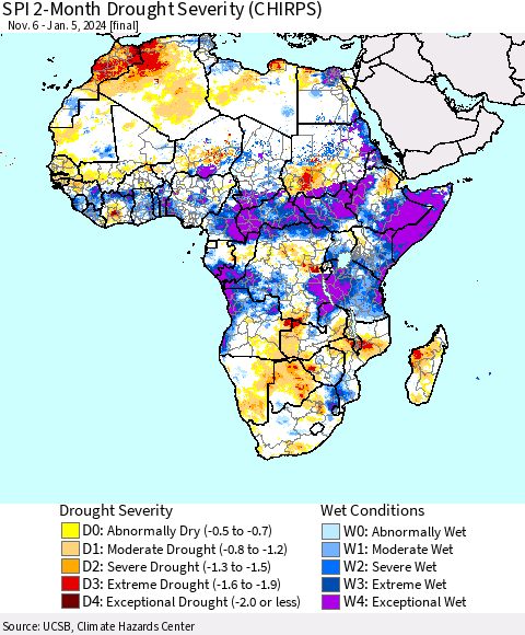 Africa SPI 2-Month Drought Severity (CHIRPS) Thematic Map For 11/6/2023 - 1/5/2024