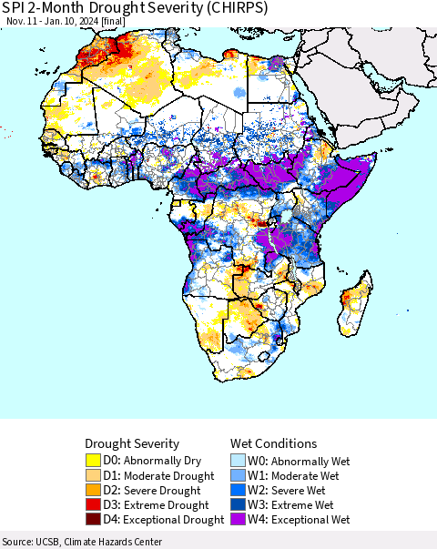 Africa SPI 2-Month Drought Severity (CHIRPS) Thematic Map For 11/11/2023 - 1/10/2024
