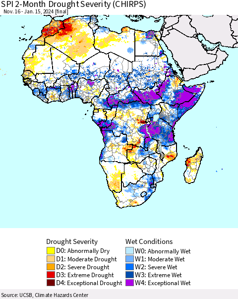 Africa SPI 2-Month Drought Severity (CHIRPS) Thematic Map For 11/16/2023 - 1/15/2024