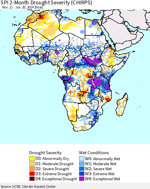 Africa SPI 2-Month Drought Severity (CHIRPS) Thematic Map For 11/21/2023 - 1/20/2024