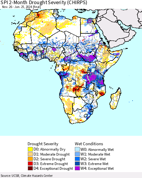 Africa SPI 2-Month Drought Severity (CHIRPS) Thematic Map For 11/26/2023 - 1/25/2024