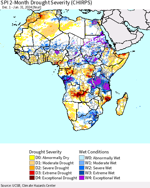 Africa SPI 2-Month Drought Severity (CHIRPS) Thematic Map For 12/1/2023 - 1/31/2024