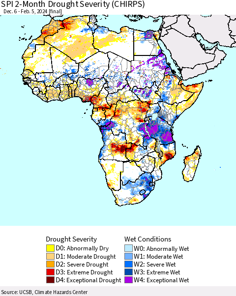 Africa SPI 2-Month Drought Severity (CHIRPS) Thematic Map For 12/6/2023 - 2/5/2024