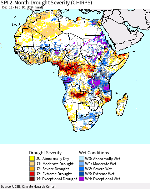 Africa SPI 2-Month Drought Severity (CHIRPS) Thematic Map For 12/11/2023 - 2/10/2024