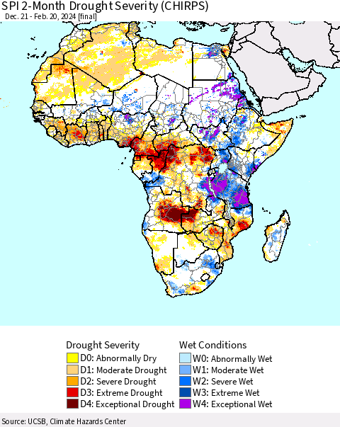Africa SPI 2-Month Drought Severity (CHIRPS) Thematic Map For 12/21/2023 - 2/20/2024