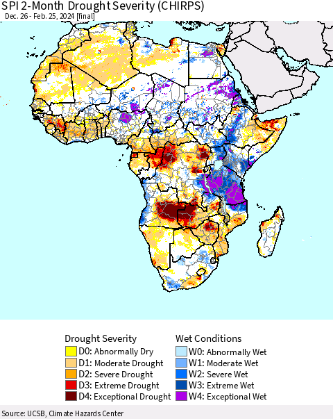Africa SPI 2-Month Drought Severity (CHIRPS) Thematic Map For 12/26/2023 - 2/25/2024