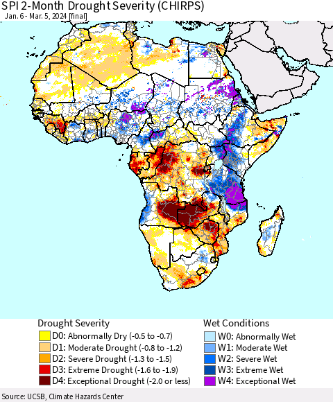 Africa SPI 2-Month Drought Severity (CHIRPS) Thematic Map For 1/6/2024 - 3/5/2024