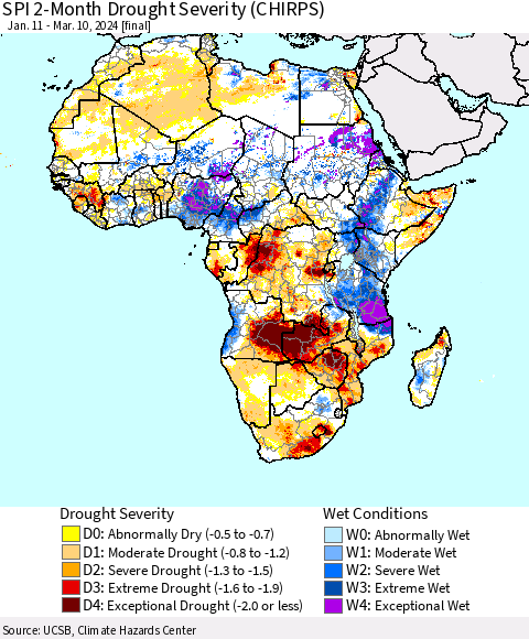 Africa SPI 2-Month Drought Severity (CHIRPS) Thematic Map For 1/11/2024 - 3/10/2024