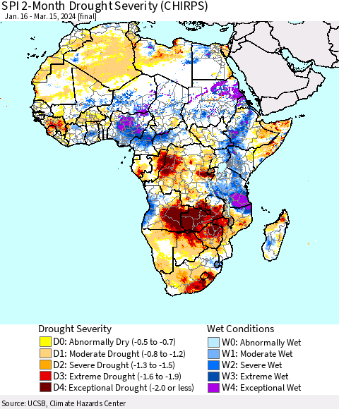 Africa SPI 2-Month Drought Severity (CHIRPS) Thematic Map For 1/16/2024 - 3/15/2024