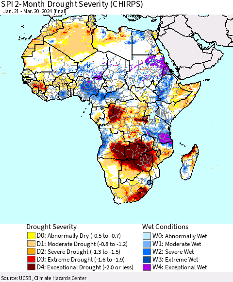 Africa SPI 2-Month Drought Severity (CHIRPS) Thematic Map For 1/21/2024 - 3/20/2024