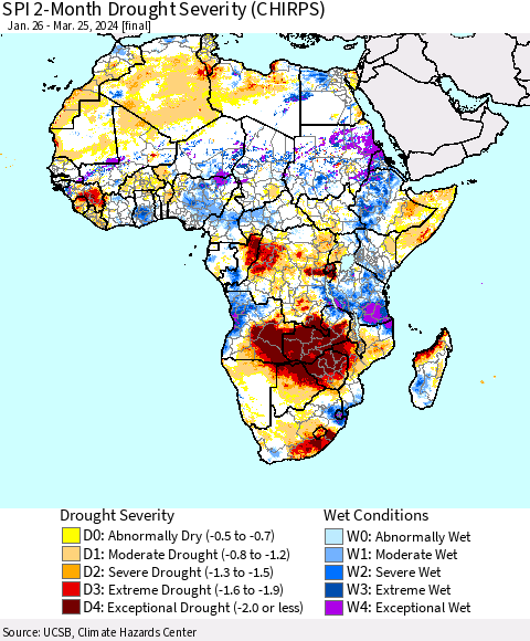 Africa SPI 2-Month Drought Severity (CHIRPS) Thematic Map For 1/26/2024 - 3/25/2024