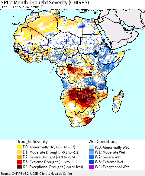 Africa SPI 2-Month Drought Severity (CHIRPS) Thematic Map For 2/6/2024 - 4/5/2024