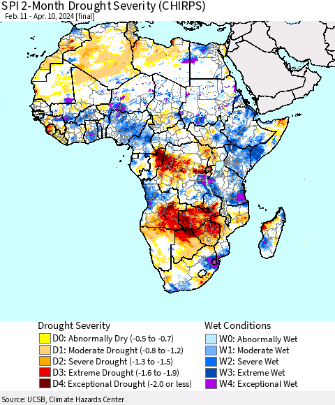 Africa SPI 2-Month Drought Severity (CHIRPS) Thematic Map For 2/11/2024 - 4/10/2024