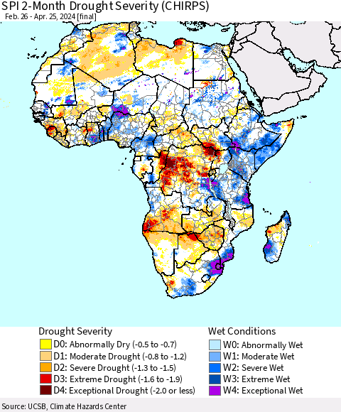 Africa SPI 2-Month Drought Severity (CHIRPS) Thematic Map For 2/26/2024 - 4/25/2024