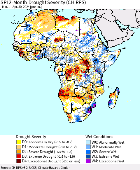 Africa SPI 2-Month Drought Severity (CHIRPS) Thematic Map For 3/1/2024 - 4/30/2024
