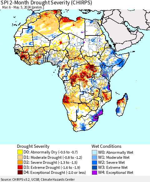 Africa SPI 2-Month Drought Severity (CHIRPS) Thematic Map For 3/6/2024 - 5/5/2024