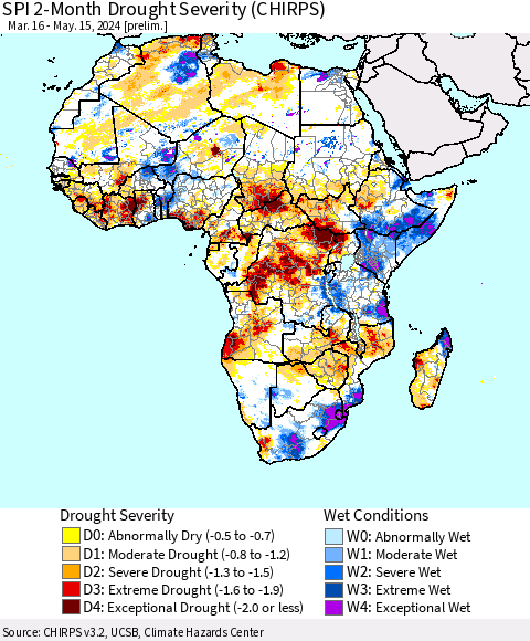 Africa SPI 2-Month Drought Severity (CHIRPS) Thematic Map For 3/16/2024 - 5/15/2024