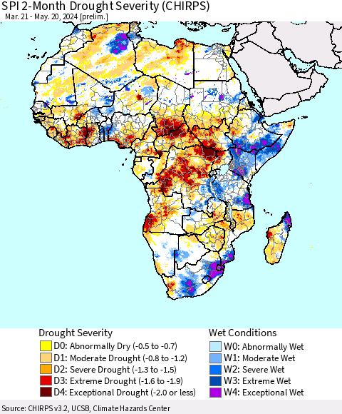 Africa SPI 2-Month Drought Severity (CHIRPS) Thematic Map For 3/21/2024 - 5/20/2024