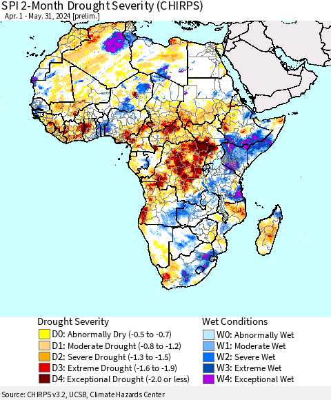Africa SPI 2-Month Drought Severity (CHIRPS) Thematic Map For 4/1/2024 - 5/31/2024