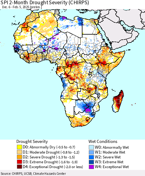 Africa SPI 2-Month Drought Severity (CHIRPS) Thematic Map For 12/6/2024 - 2/5/2025