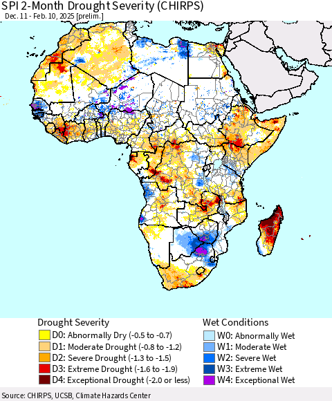 Africa SPI 2-Month Drought Severity (CHIRPS) Thematic Map For 12/11/2024 - 2/10/2025