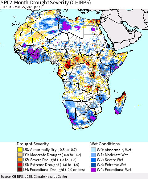 Africa SPI 2-Month Drought Severity (CHIRPS) Thematic Map For 1/26/2025 - 3/25/2025
