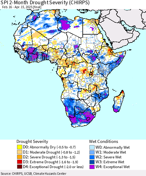 Africa SPI 2-Month Drought Severity (CHIRPS) Thematic Map For 2/16/2025 - 4/15/2025