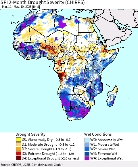 Africa SPI 2-Month Drought Severity (CHIRPS) Thematic Map For 3/11/2025 - 5/10/2025
