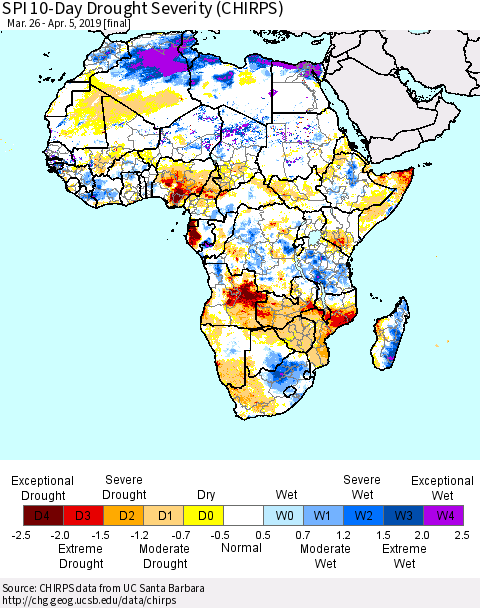 Africa SPI 10-Day Drought Severity (CHIRPS) Thematic Map For 3/26/2019 - 4/5/2019