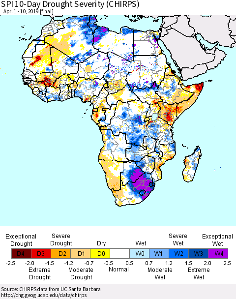 Africa SPI 10-Day Drought Severity (CHIRPS) Thematic Map For 4/1/2019 - 4/10/2019