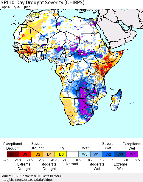 Africa SPI 10-Day Drought Severity (CHIRPS) Thematic Map For 4/6/2019 - 4/15/2019