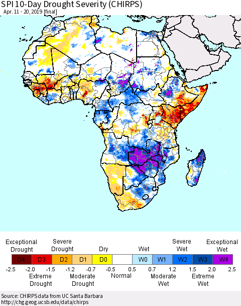 Africa SPI 10-Day Drought Severity (CHIRPS) Thematic Map For 4/11/2019 - 4/20/2019