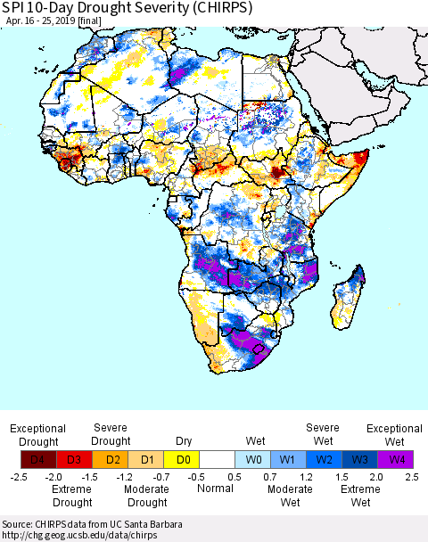 Africa SPI 10-Day Drought Severity (CHIRPS) Thematic Map For 4/16/2019 - 4/25/2019